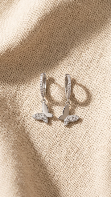 🦋 Shimmering Crystal Butterfly Drop Hoops in 925 Silver